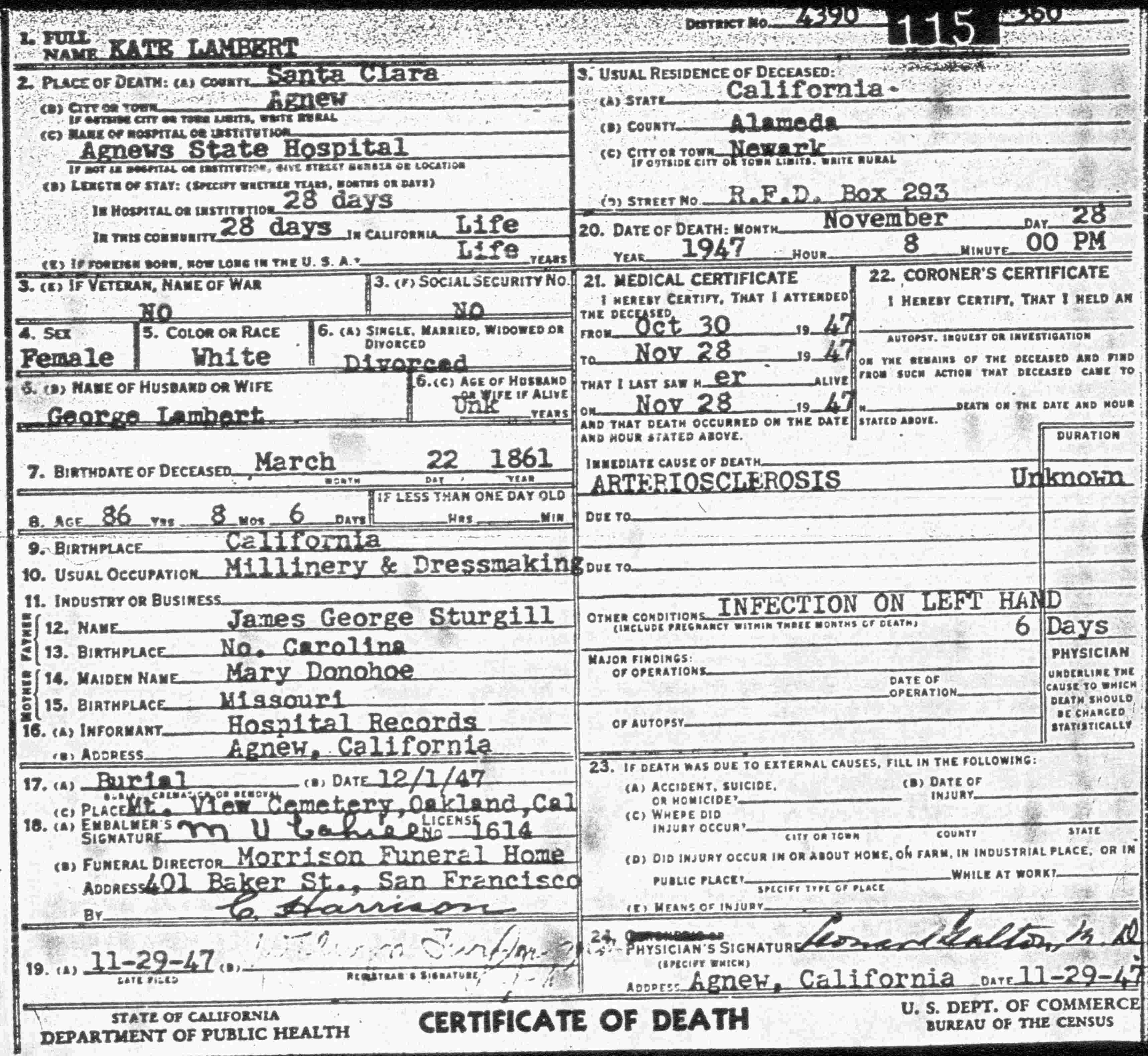 Kate Sturgill Lambert Death Certificate